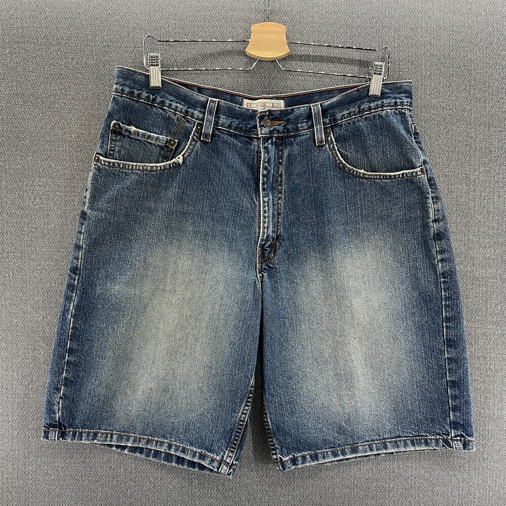 Levi Strauss Signature Mens‎ Blue Medium Wash Distressed Dad's Denim Shorts W34